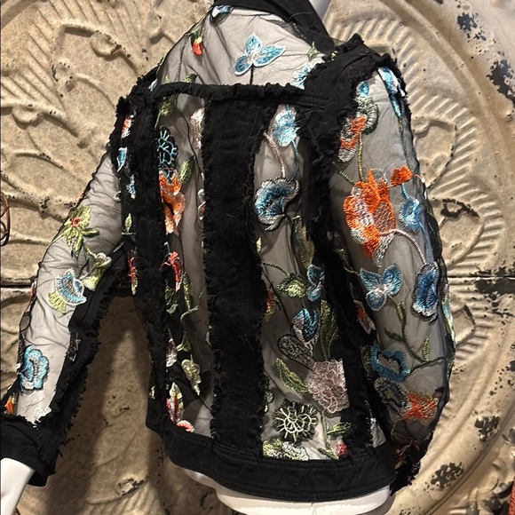 Adore Black Mesh Jean Jacket with Vibrant Embroidery - Picture 8 of 16